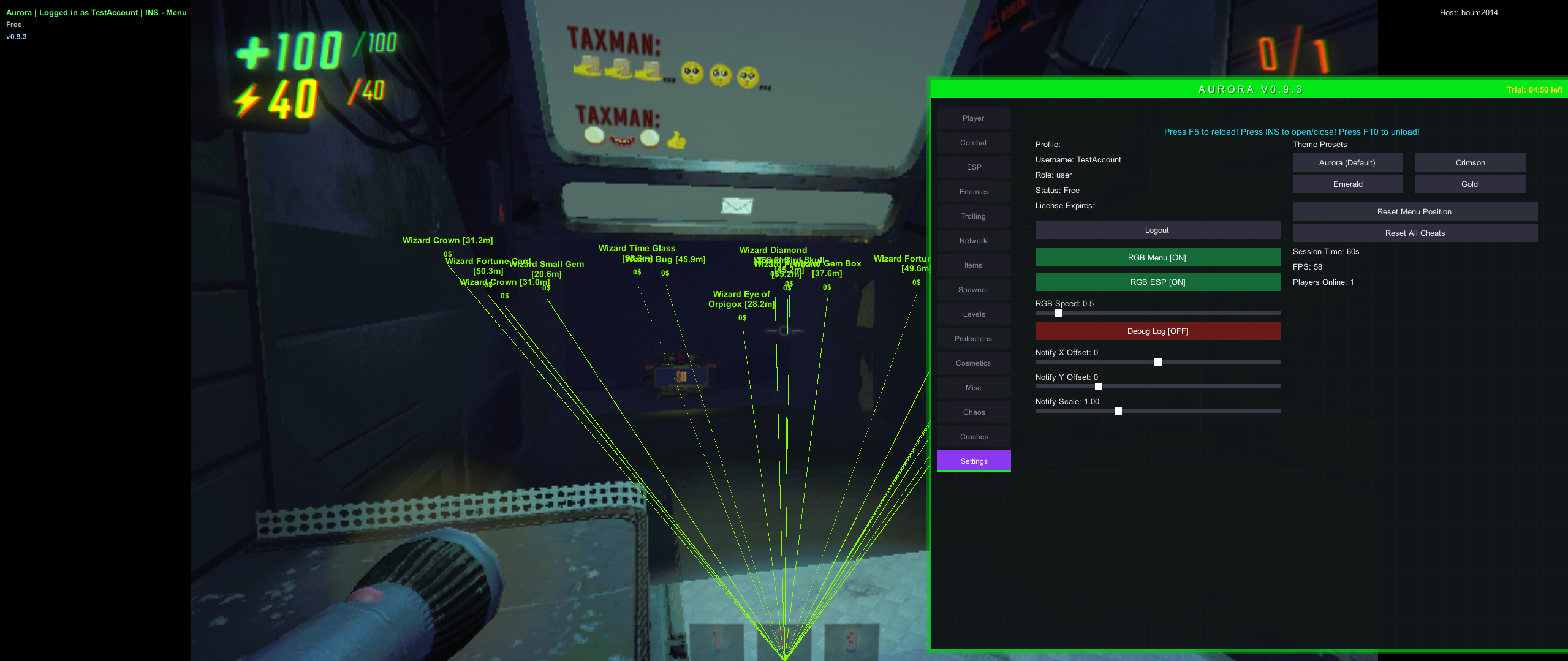 Aurora R.E.P.O cheat menu interface